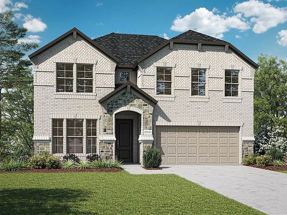 Elevation F is a two story brick and stone home design with herringbone brick banding. Many designer