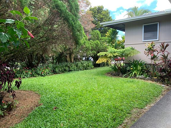 Spacious lawn with mature tropical plantings in every direction.