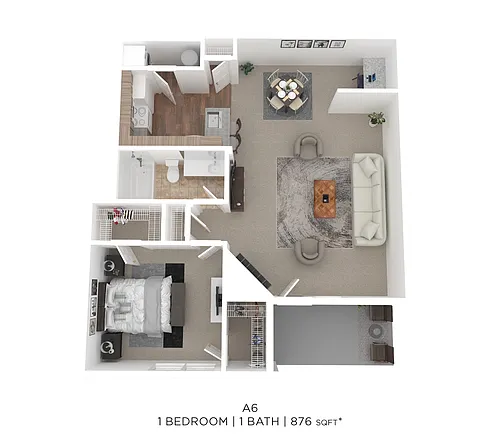 Floor plan One Bed One Bath 876 Sqft