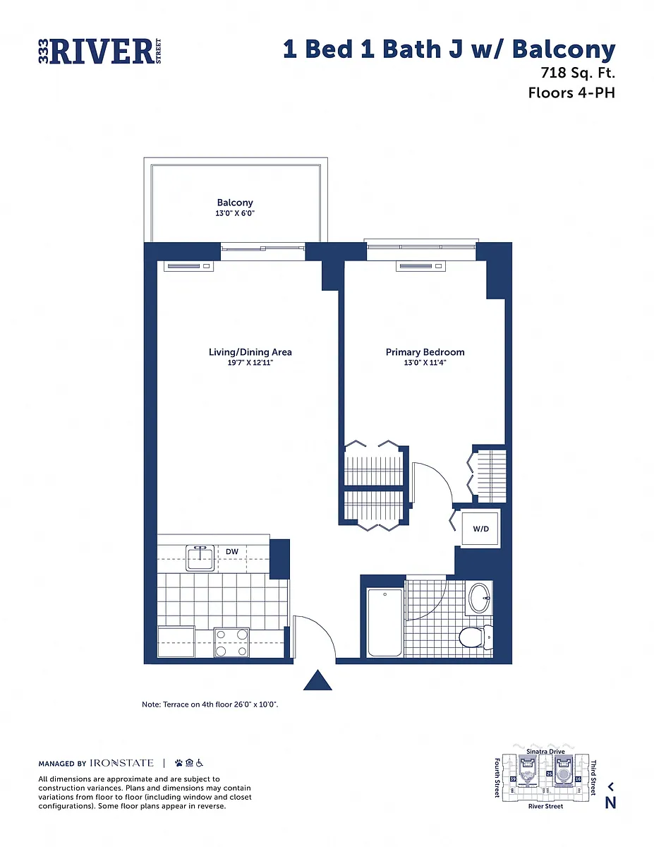 Floor plan 1 Bed 1 Bath J with Balcony