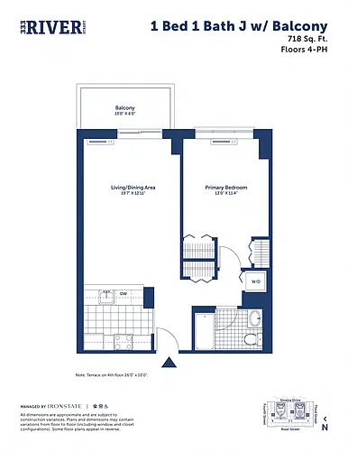 Floor plan 1 Bed 1 Bath J with Balcony
