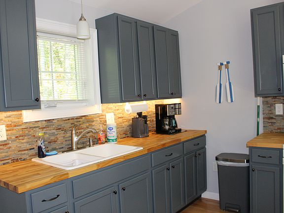 Double sink with wood countertops