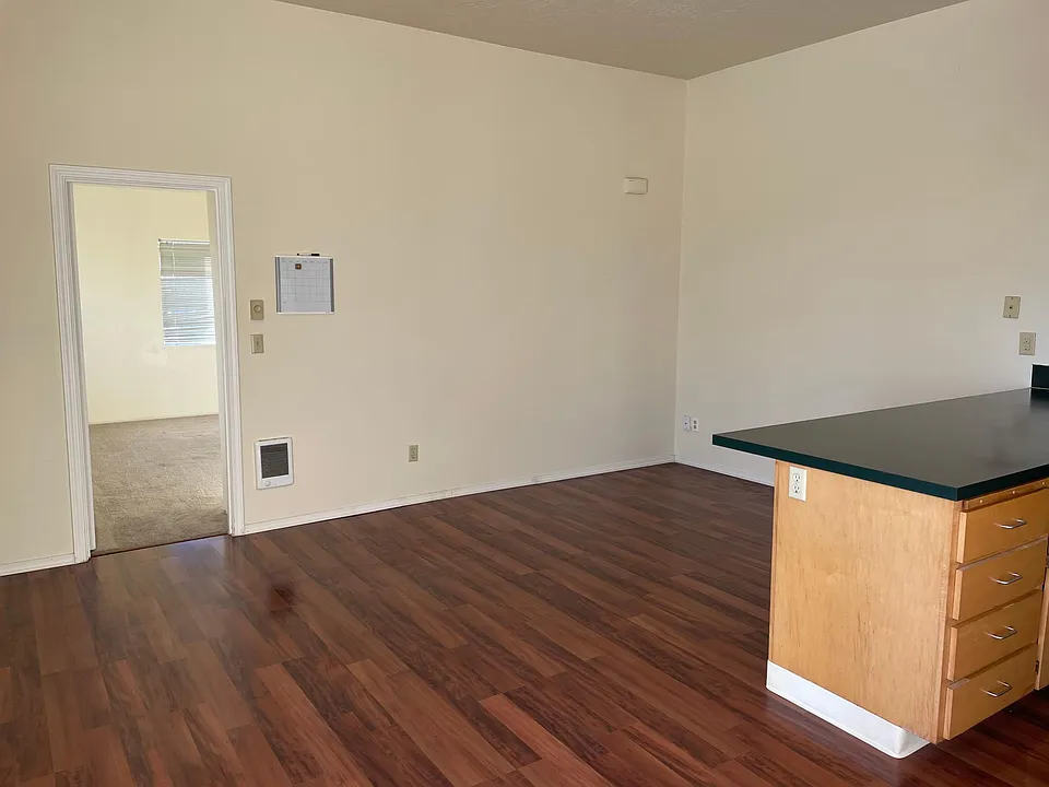 Living room and kitchen counter with view to bedroom.