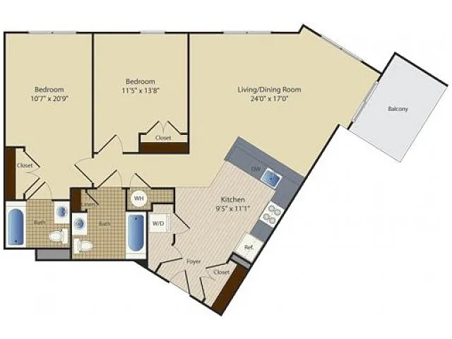 Floor plan Two Bedroom Two Bath (1101 SF)
