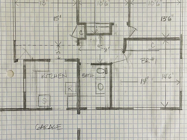 Hand drawn floorplan with estimated sizes of bedrooms and living room.