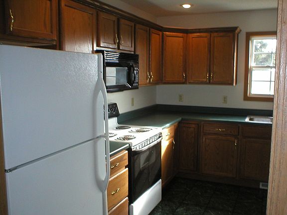 The kitchen features plenty of counter and cupboard space, a microwave oven, e