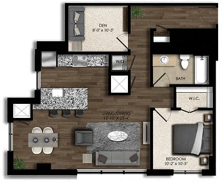 Floor plan 1 Bed/2 Bath Den-7E