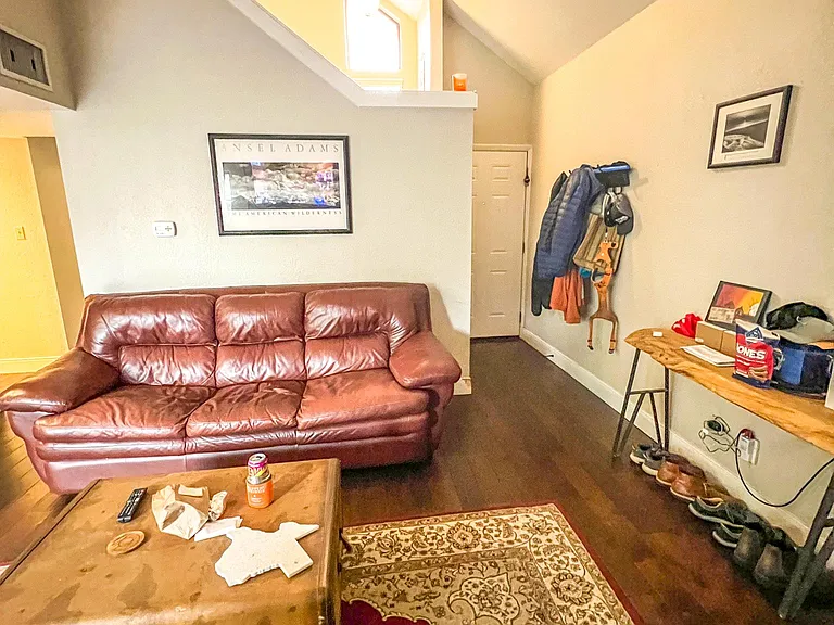 Living room, from other angle, showing door entrance. Wood floor everywhere !