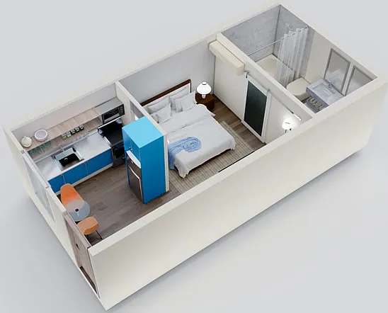 Explore the efficient design of this modern studio, perfect for urban living. Explore the efficient design of this modern studio, perfect for urban living.