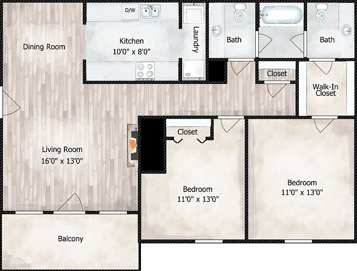 2 Bed 1.5 Bath Garden Floorplan Diagram