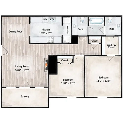 Floor plan 2 Bed 1.5 Bath Garden