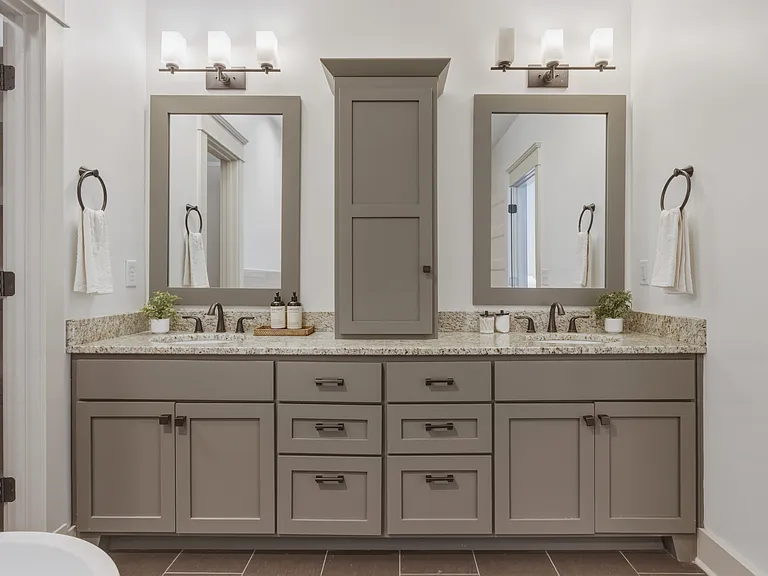 Primary bathroom attaches to the primary suite. Enjoy a double vanity with an extra cabinet for storage, soaking tub, and standing shower.