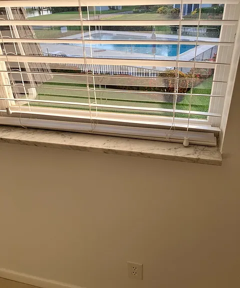 Primary bedroom with double windows facing east, overlooking the pool.