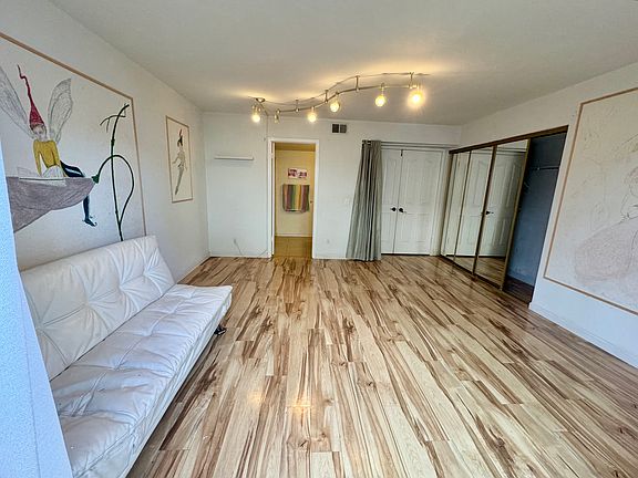 Private 196 sq ft bedroom with attached private bathroom. Door on right leads to kitchen and laundry access. Photo taken from the mini patio and private entrance point of view. Can opt for queen bed or fully unfurnished. Expandable sofa can be removed.