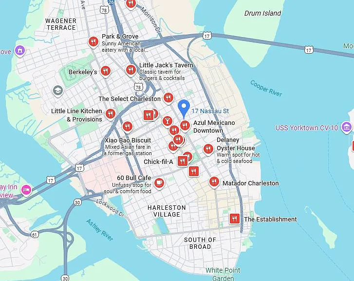 Home in relation to restaurants downtown.