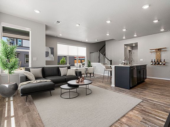 Living Room, Kitchen & Dining Room - open concept living with great light. Virtually staged.