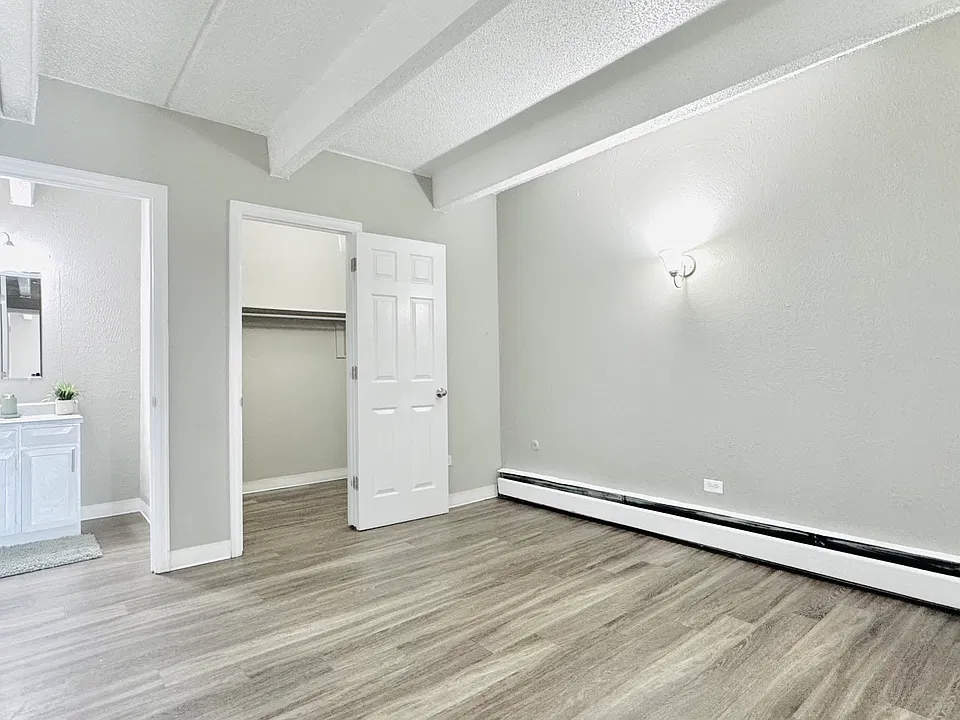 Comfortable bedroom with wood-style flooring, walk-in closet, and attached bathroom