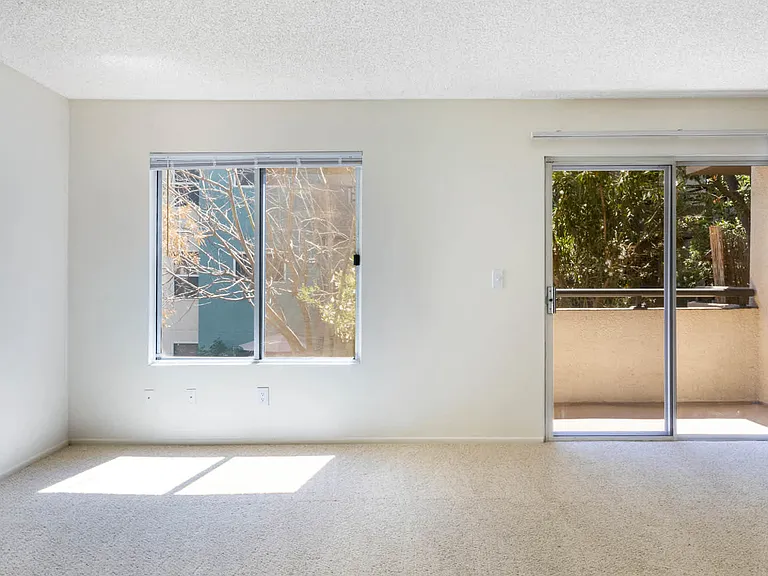 Carpeted Living Room with Balcony