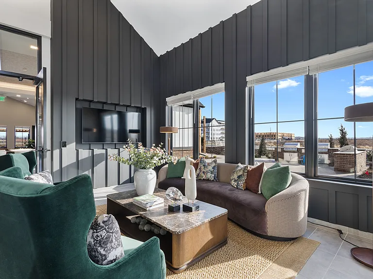 Resident lounge and coworking area at Montage West Lafayette.