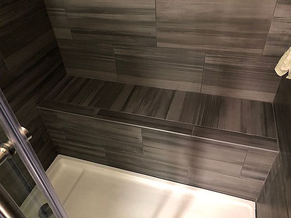 Basement bath, large bench