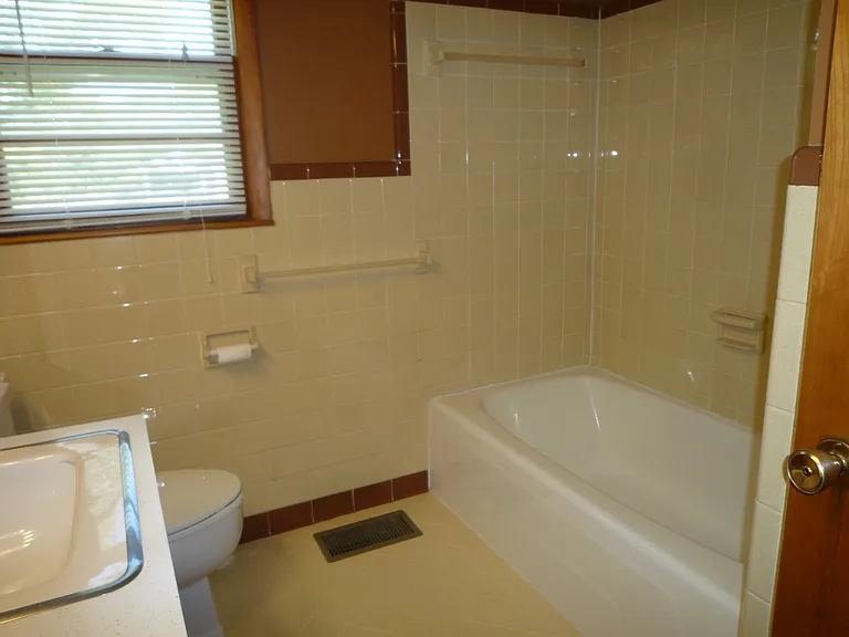 Hall bath with combo tub/shower and linen closet.