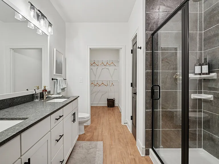 Bathroom with Granite Countertops, Double Vanity Sinks, Walk-in Shower, and Walk-in Closet