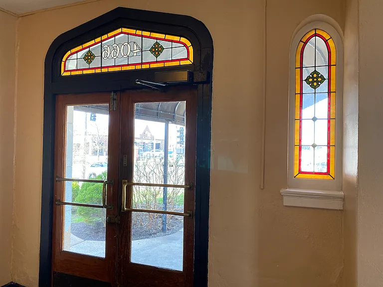 View from lobby, looking out front door.