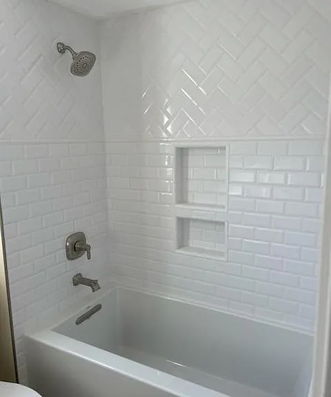 Beautiful Tile Work in Shower Surround with Large Cut Outs for Soap & Shampoo...