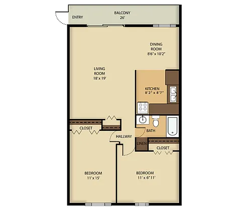 Floor plan 2 Bedrooms + 1 Bathroom