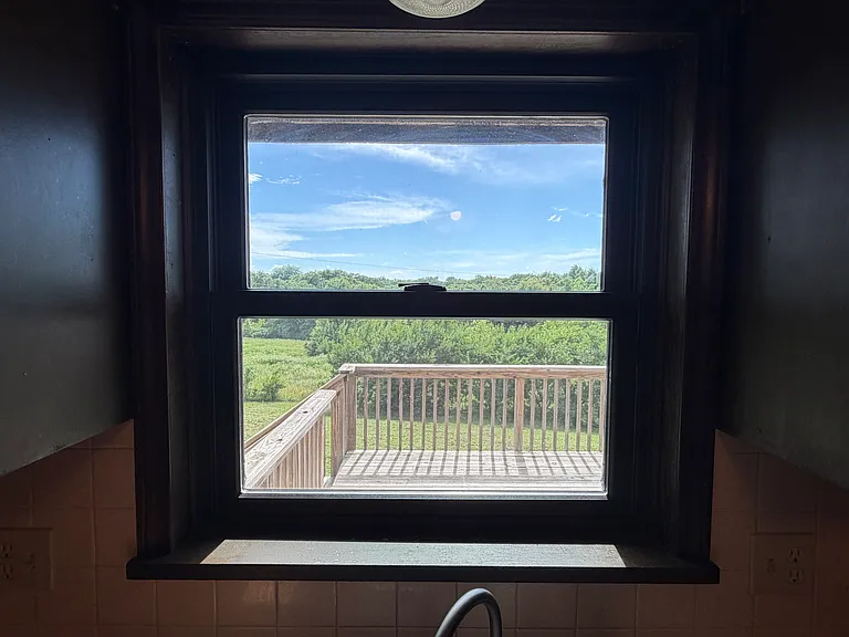 The view out the dining room window shows nothing but green trees and blue skies!