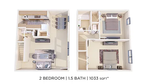 Floor plan Two Bedroom 1.5 Bath Townhome - 1,033 sqft