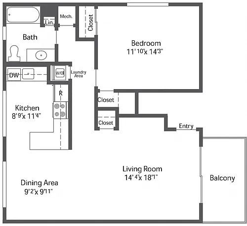Floor plan 1BR 1BA (780sf)