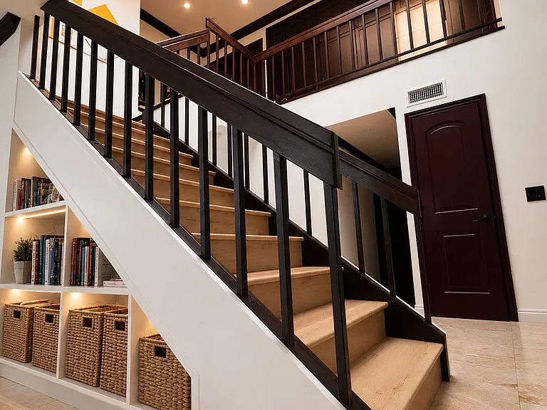 A custom staircase with integrated bookshelves and an overhead skylight