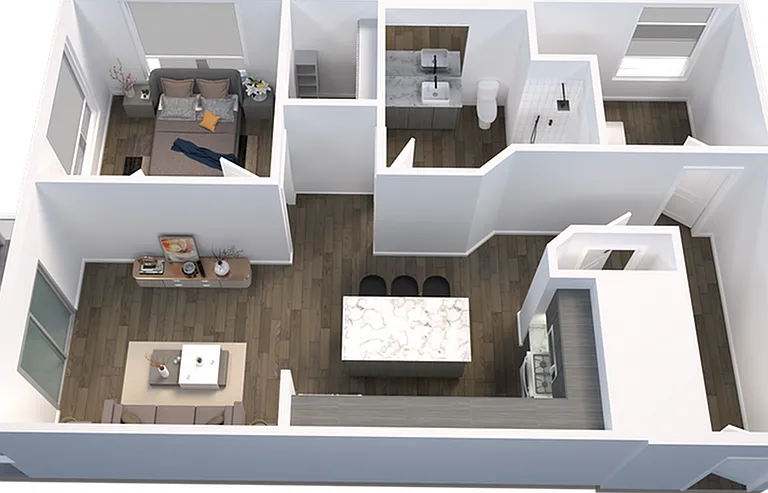 Explore this chic one-bedroom layout, perfect for modern living. Explore this chic one-bedroom layout, perfect for modern living.