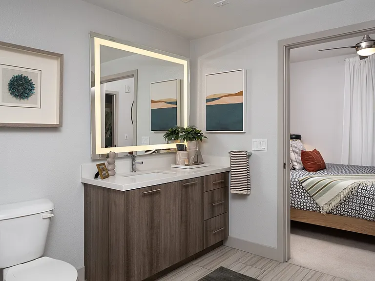 Modern bathrooms with soaking tubs, tile surround, lighted mirrors and double vanities are available