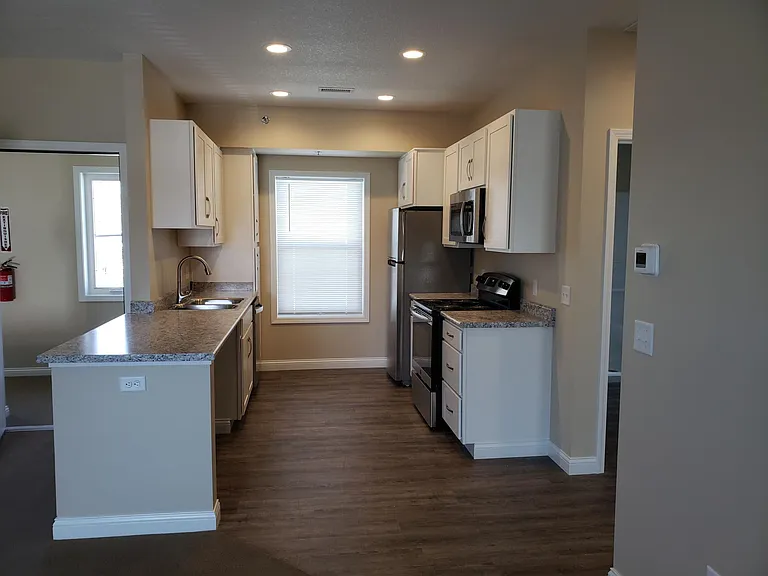 View of Kitchen. Luxury Vinyl Plank Flooring in Kitchen, Hall and Bath. Stainless steel appliances. Dishwasher, Microwave, Stove, Refrigerator, Disposal, Large Pantry Storage Cabinet.