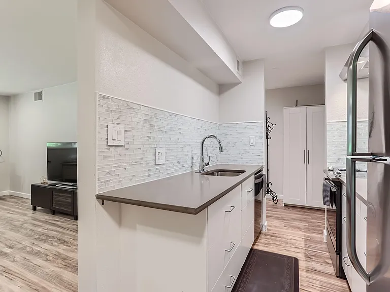 Efficient galley kitchen with ample counter space, mosaic tile backsplash, and stainless appliances for everyday cooking.