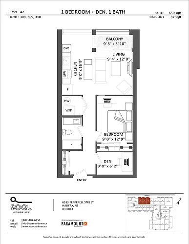 Floor plan 1 Bedroom + Den | Type 42