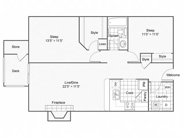 Floor plan Two Bedroom One Bath Deluxe