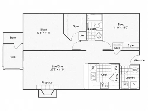 Floor plan Two Bedroom One Bath Deluxe