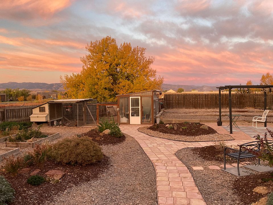 Landscaped backyard with pergola, bench, tree swing, seasonal sun sail and hammock.