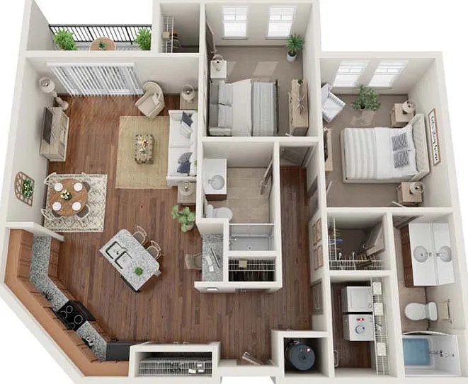 The Philadelphia offers a spacious 2-bedroom, 2-bath layout with granite counters, a kitchen island with breakfast bar, and a private balcony. Perfect for those seeking a comfortable and modern living space with plenty of room to enjoy. The Philadelphia o