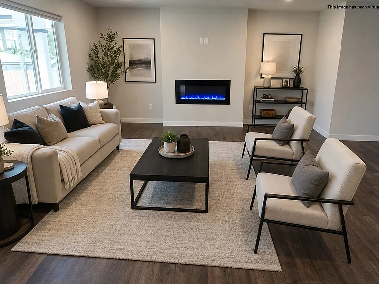 Spacious Living Room with Electric fireplace, virtually staged.