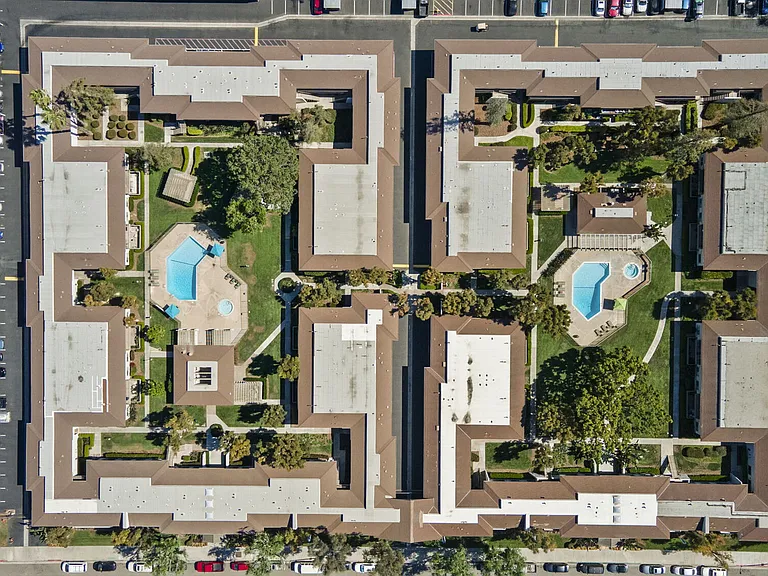 Aerial view of Strada Apartments in Orange, CA