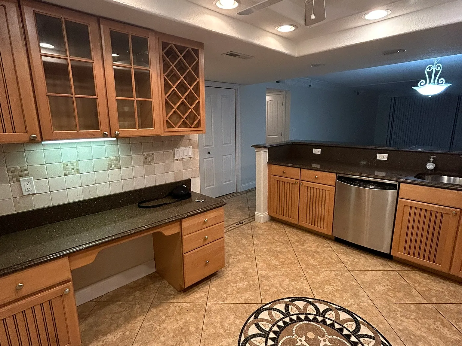 Custom Cabinets - Multi-Purpose Desk Area and Upper Wine Cabinets