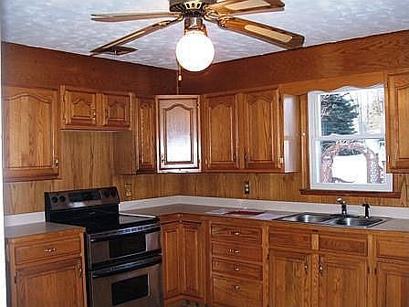 Oak Cabinets in kitchen, double oven