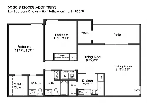 Floor plan 2BR 1.5BA (935sf)