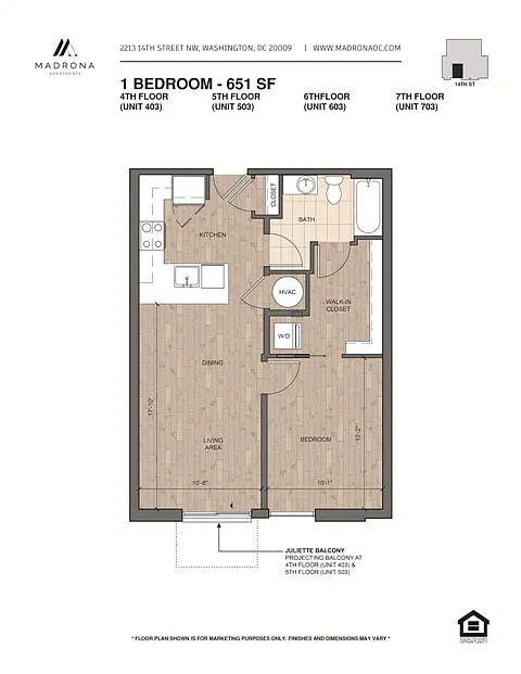 Floor plan 1Bed/Bath 409-509-607-707