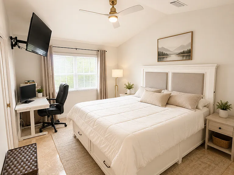 Cozy modern bedroom with natural light