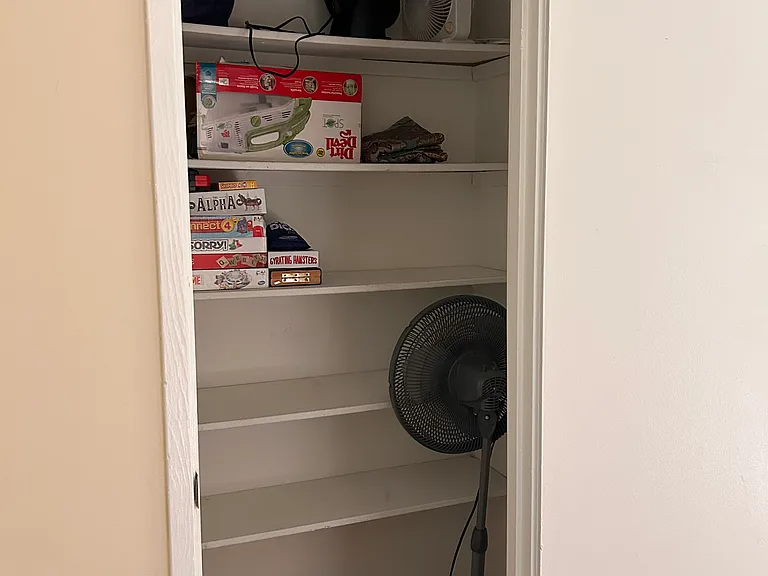 Hallway walk-in closet/ linen closet on upper floor with shelves.